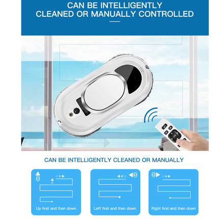 Window cleaning robot with remote control and instructions on a blue and white background