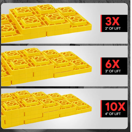 Three stacked panels showing yellow interlocking building block plates arranged in rows, with text labels indicating lift heights: 3X 2" of lift, 6X 3" of lift, and 10X 4" of lift.