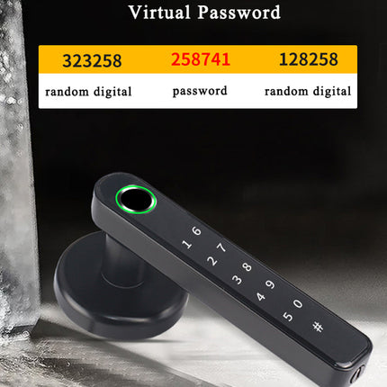 Black digital door handle with virtual password display on a dark background