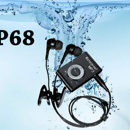 Black waterproof in-donor earbuds with a matching inline remote control, shown floating in water with a splash effect and the text 'IP68' on the left.