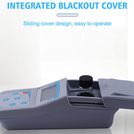 Gray electronic device with a sliding cover on a white background, labeled 'Integrated Blackout Cover'.