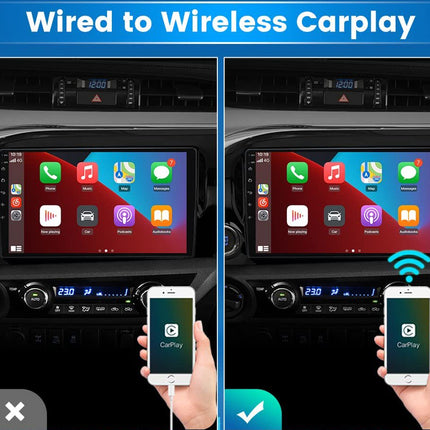 Comparison of Wired to Wireless CarPlay setup on a car dashboard with smartphone display.