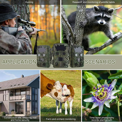 Collage of scenarios using wildlife monitoring technology, including hunting, research, home security, farm monitoring, and plant growth recording.