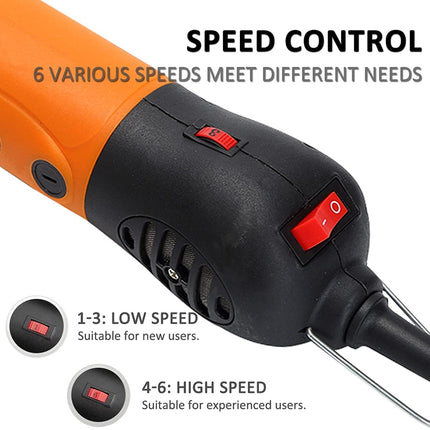 Electric drill with speed control features on a white background