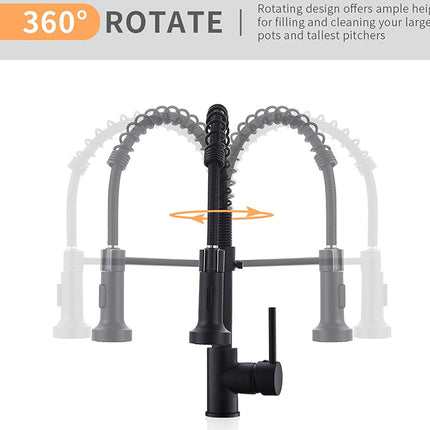 A black dual-head kitchen faucet with two flexible gooseneck sprayers, shown on a white background with a top banner reading '360° rotate' and an orange rotation arrow indicating the swivel design.