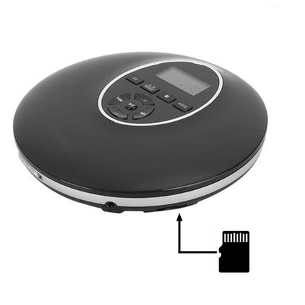 A black round CD player with a digital display and control buttons, shown on a white background with an inset diagram illustrating an SD card connection.