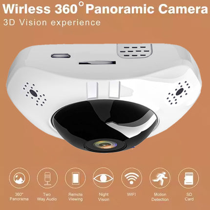 A white wireless 360-degree panoramic security camera with a black lens cover, shown on a warm brown background with marketing text and feature icons.