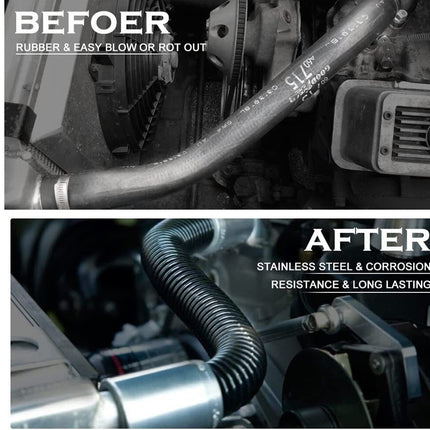 Comparison of a metal hose before and after treatment, highlighting 'Befoer' and 'After' text.
