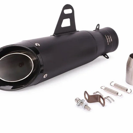 A black cylindrical motorcycle exhaust tip with mounting hardware and a stainless steel muffin cup, displayed on a clean white background.