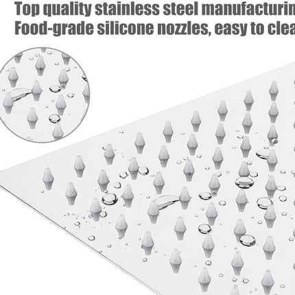 A stainless steel cleaning mat with multiple raised silicone nozzle-like studs, shown on a white background with a circular inset close-up and marketing text at the top.