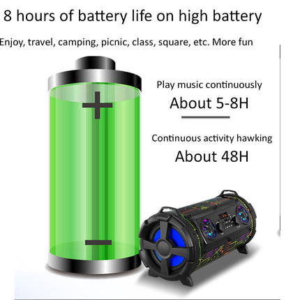 A promotional graphic for a portable Bluetooth speaker. The image features a large green battery icon on the left with text claiming '8 hours of battery life on high battery,' and a black cylindrical speaker with blue LED accents on the right with text stating 'Play music continuously About 5-8H Continuous activity hawking About 48H.