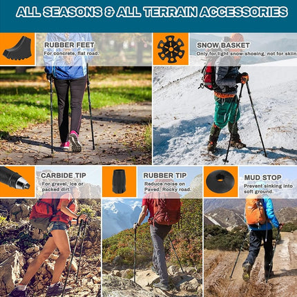 Promotional image of hiking accessories with text 'All Seasons & All Terrain Accessories' and images of people hiking.