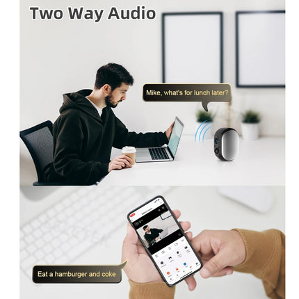 Two-way audio communication between a person using a laptop and another person using a smartphone.