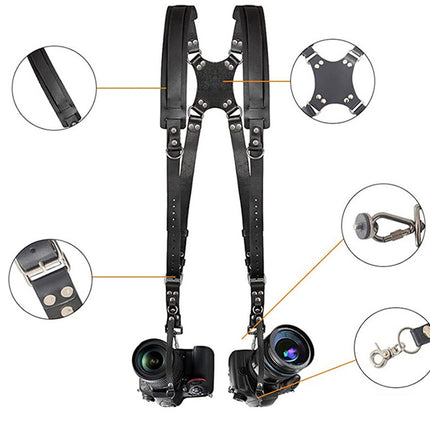 Camera strap with various attachments on a white background