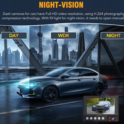Car with night-vision feature displayed on a screen, showing cityscape background.