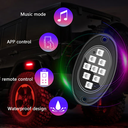 An oval LED light bar with multiple white LED chips, shown in front of a dark off-road vehicle. The graphic includes feature callouts with icons and text: 'Music mode', 'APP control', 'RF remote control', and 'Waterproof design'.