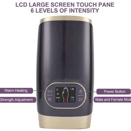 Black and gold device with control panel and text indicating features on a white background