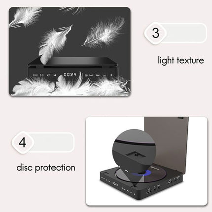 Electronic device with feather design on screen and disc protection feature shown.