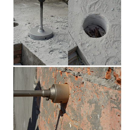 Collage of a metal rod being inserted into concrete with close-up details.