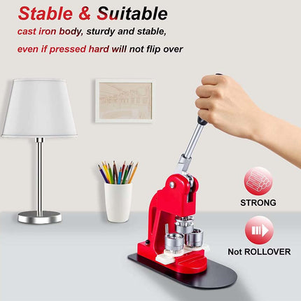 Red manual press tool on a desk with a lamp and stationery items, emphasizing stability and strength.