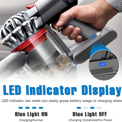 Hand holding a handheld vacuum cleaner with LED indicator display on a white background