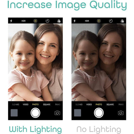 Comparison of a photo with and without lighting on a smartphone camera interface.