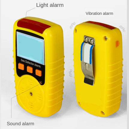 Yellow gas detector alarm with labeled components on a white background