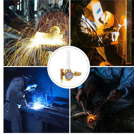 Collage of welding scenes with a gas regulator in the center.