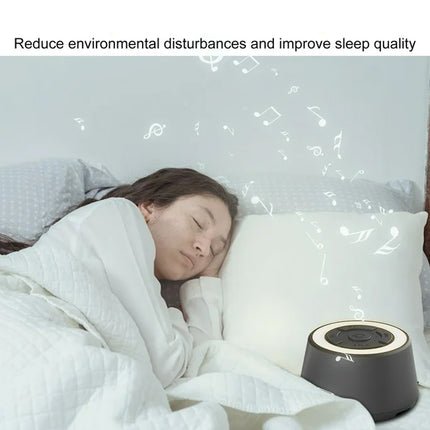 Person sleeping in bed with a white noise machine next to them, text 'Reduce environmental disturbances and improve sleep quality'.