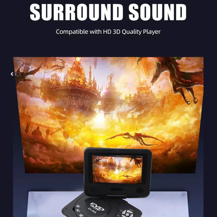 DVD player with a fantasy scene on screen, labeled 'Surround Sound' and 'Compatible with HD 3D Quality Player'.