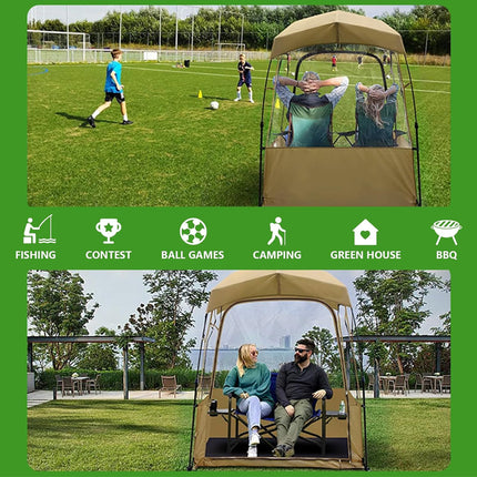 Portable canopy tent used for various activities on a grassy field.