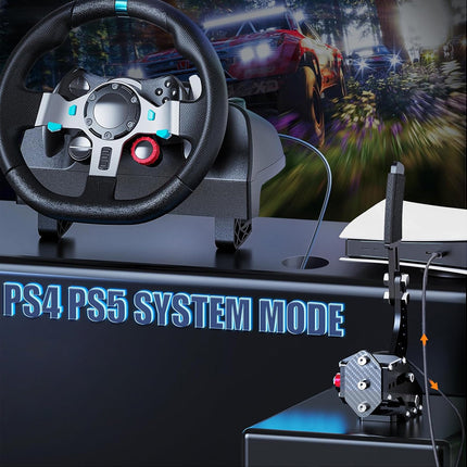 Racing wheel and pedals with TV displaying a racing game, labeled 'PS4 PS5 SYSTEM MODE'.