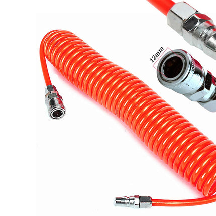 An orange coiled air hose with silver metal connector fittings on a white background, with inset close-ups of the connector sizes labeled 12mm and 8mm.