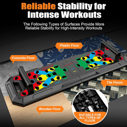 Fitness mat with text on different floor types for workouts