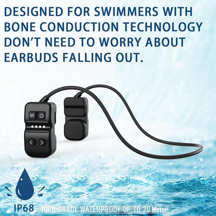 Bone conduction technology earbud system with water droplet icon and text about earbud safety and waterproof rating.