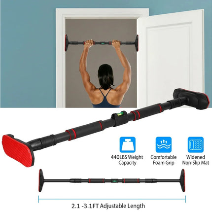 Adjustable pull-up bar with a person using it, set against a white door background.