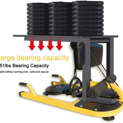 Yellow exercise machine with black weight plates and bearing capacity text on a white background