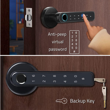 Smart door handle with digital keypad and anti-peep virtual password feature.