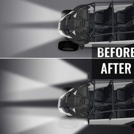 Top-down view of a vehicle with 'Before' and 'After' text comparing headlights.