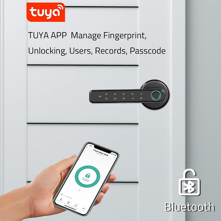 Smart lock on a door with a hand holding a phone displaying the Tuya app.