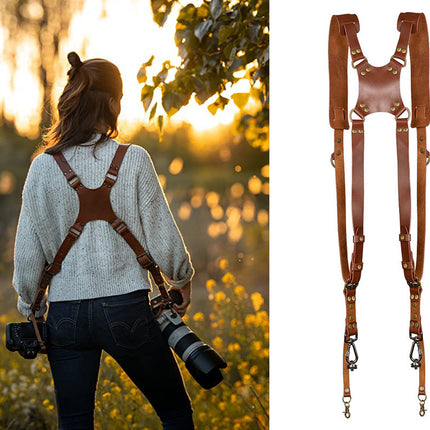 Person with a camera and leather suspenders in a field at sunset, with a close-up of the suspenders on a white background.