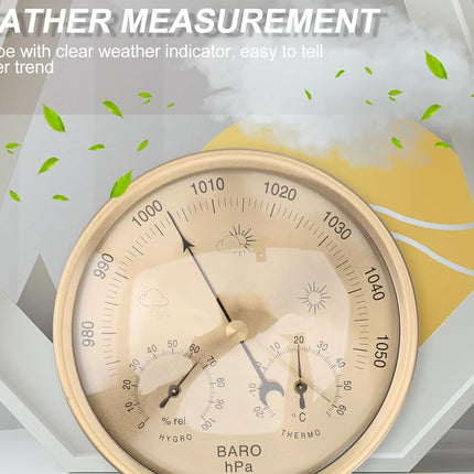 Weather measurement device with clear weather indicator on a decorative background