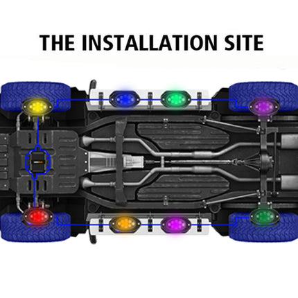 Top-down diagram showing the installation locations for multiple colored LED light bars on a vehicle chassis, with the text 'THE INSTALLATION SITE' at the top.
