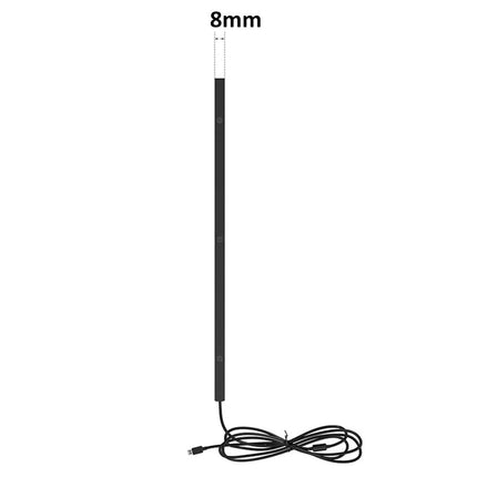 A slim black linear light bar with a coiled power cord, shown vertically on a plain white background with an '8mm' width label above the tip.