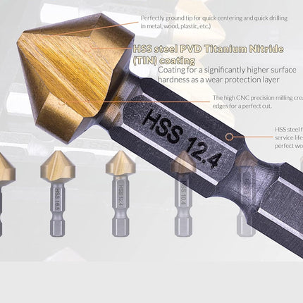 A single HSS 12.4 diamond core drill bit with a faceted gold-colored cutting tip and a dark gray coated shank, shown with four smaller drill bit size previews below.