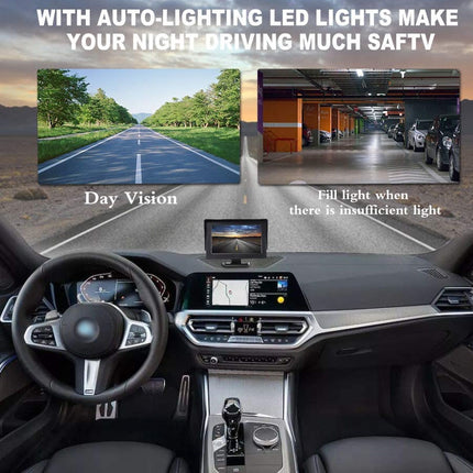 Car interior with dashboard display showing night vision features, including 'Day Vision' and 'Full light when there is insufficient light'.