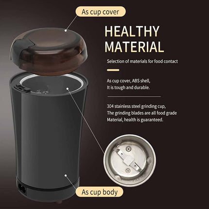 Black coffee grinder with labeled parts on a dark background