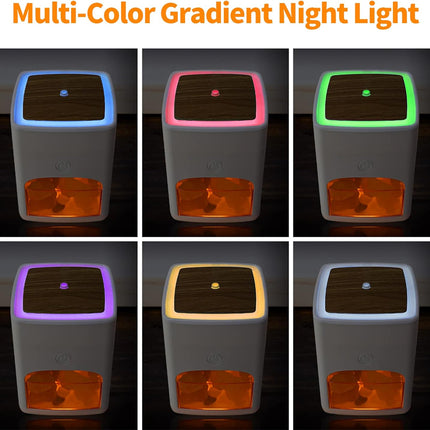 Six-panel product display of a multi-color gradient night light, showing the device illuminated in blue, pink, green, purple, yellow, and white gradient modes against a dark background.