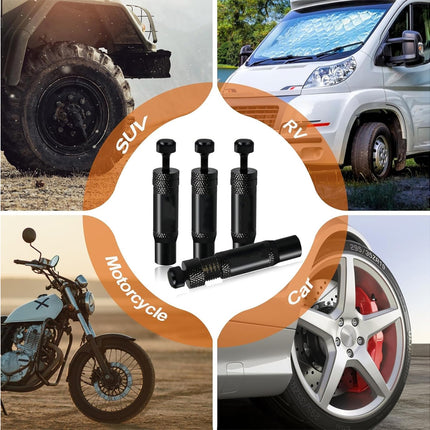A collage showing four vehicles around a central product: three black cylindrical tire inflator pumps and one black air compressor. The vehicles are labeled as SUV, RV, Motorcycle, and Car.