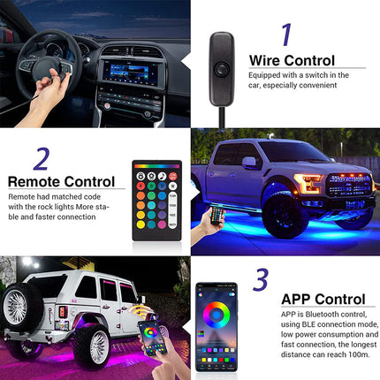 Car interior with dashboard, remote control, smartphone app, and vehicle exterior with LED lights.